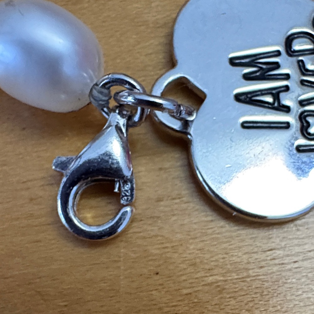 Sterling Silver Heart Charm "I am Loved" Genuine White Oval Pearl Bracelet 8" - Picture 8 of 8